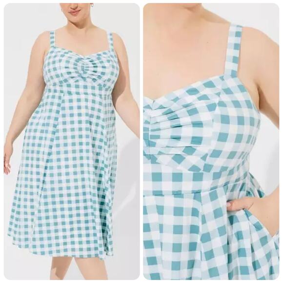 Torrid Gingham Midi Poplin Fit & Flare Dress Women’s Plus Size 1X White & Teal - Picture 1 of 13
